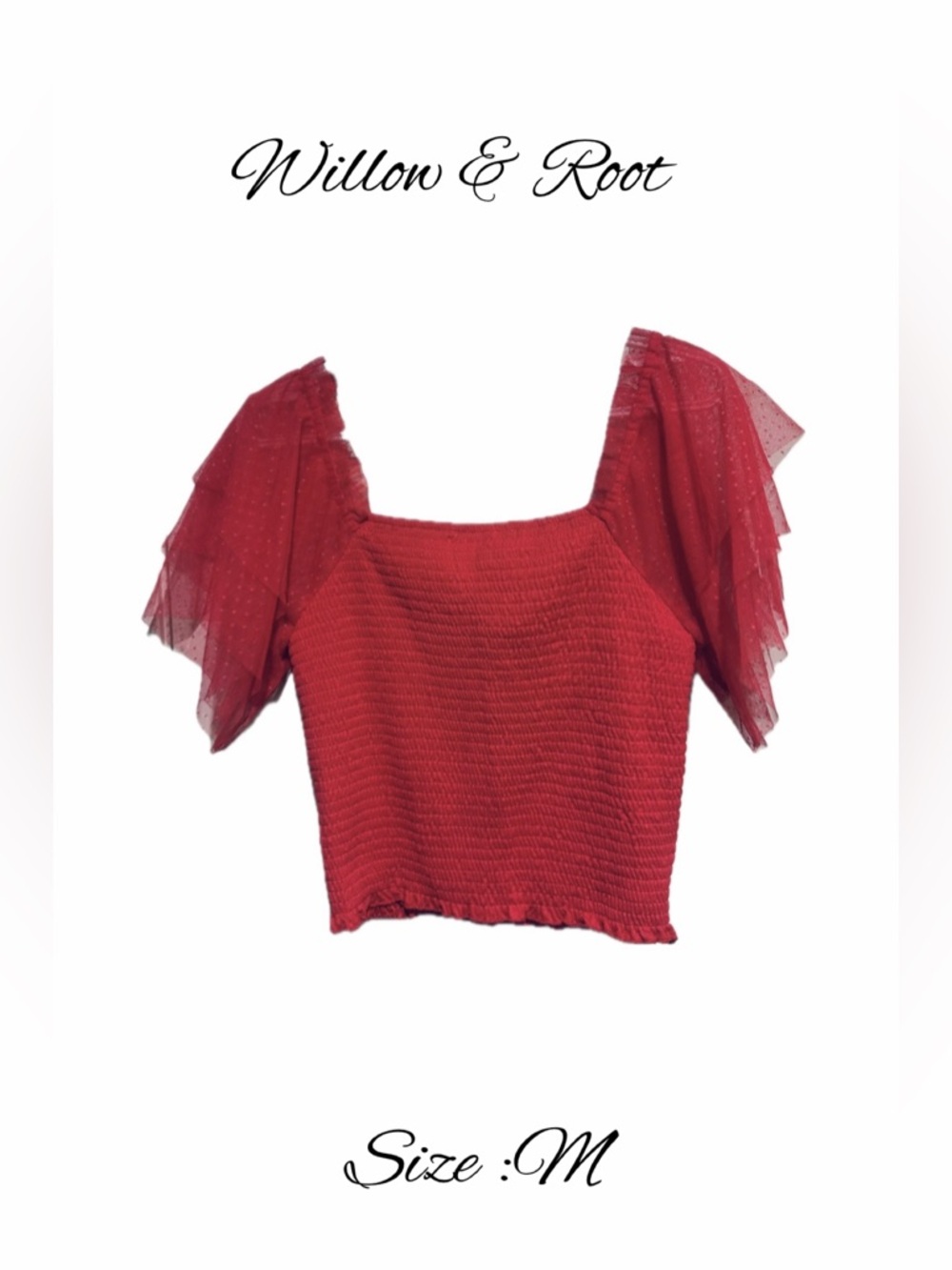 Willow & Root Square-Neck Smocked Puff-Sleeve/tulle Top in Coral - Picture 3 of 15